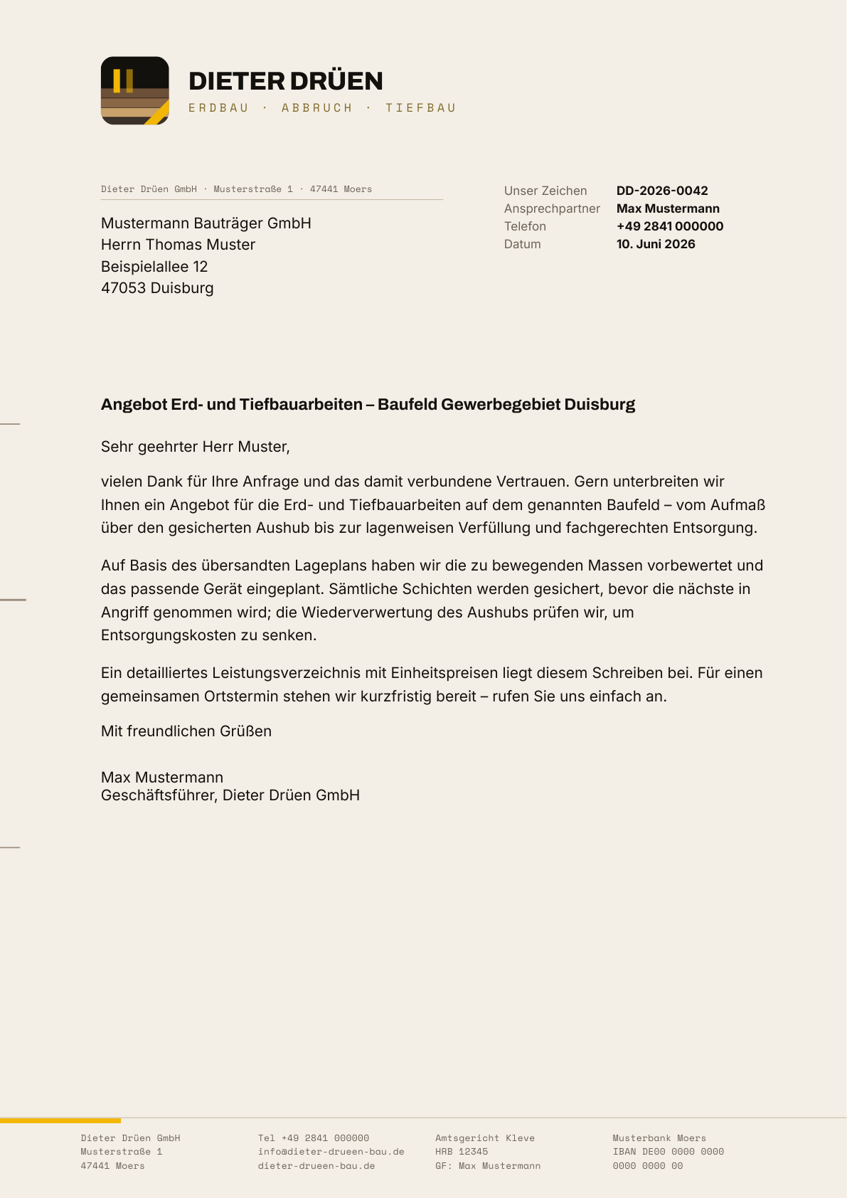 Geschäftsbrief DIN A4 mit Briefkopf und Fußzeile